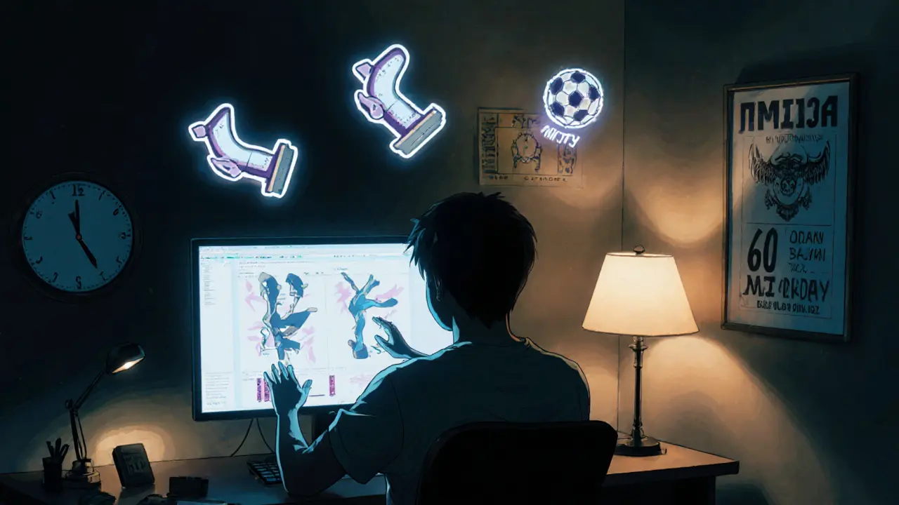 Игрок тренируется в комнате, вокруг него парят символы механик, на экране — RLCS, тёплый свет лампы и холодный свет монитора.