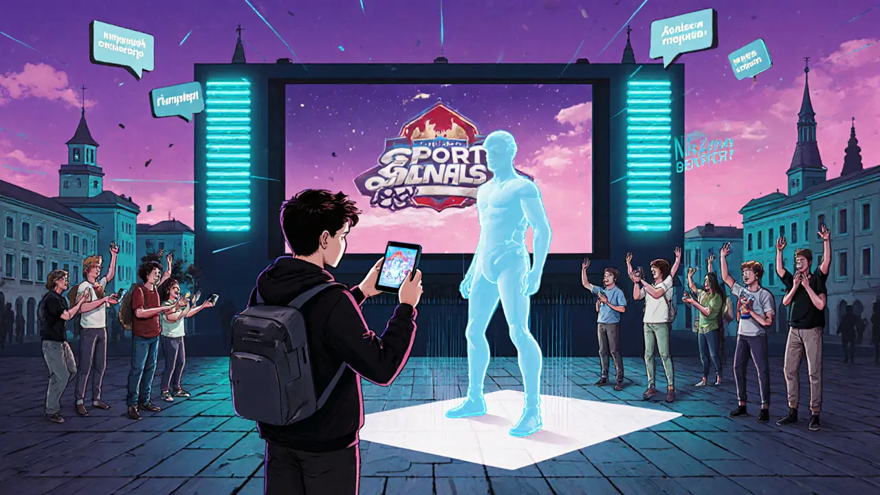 Подросток в маленьком городе смотрит на AR-врага, появившегося из его смартфона, пока толпа болеет за трансляцию турнира.