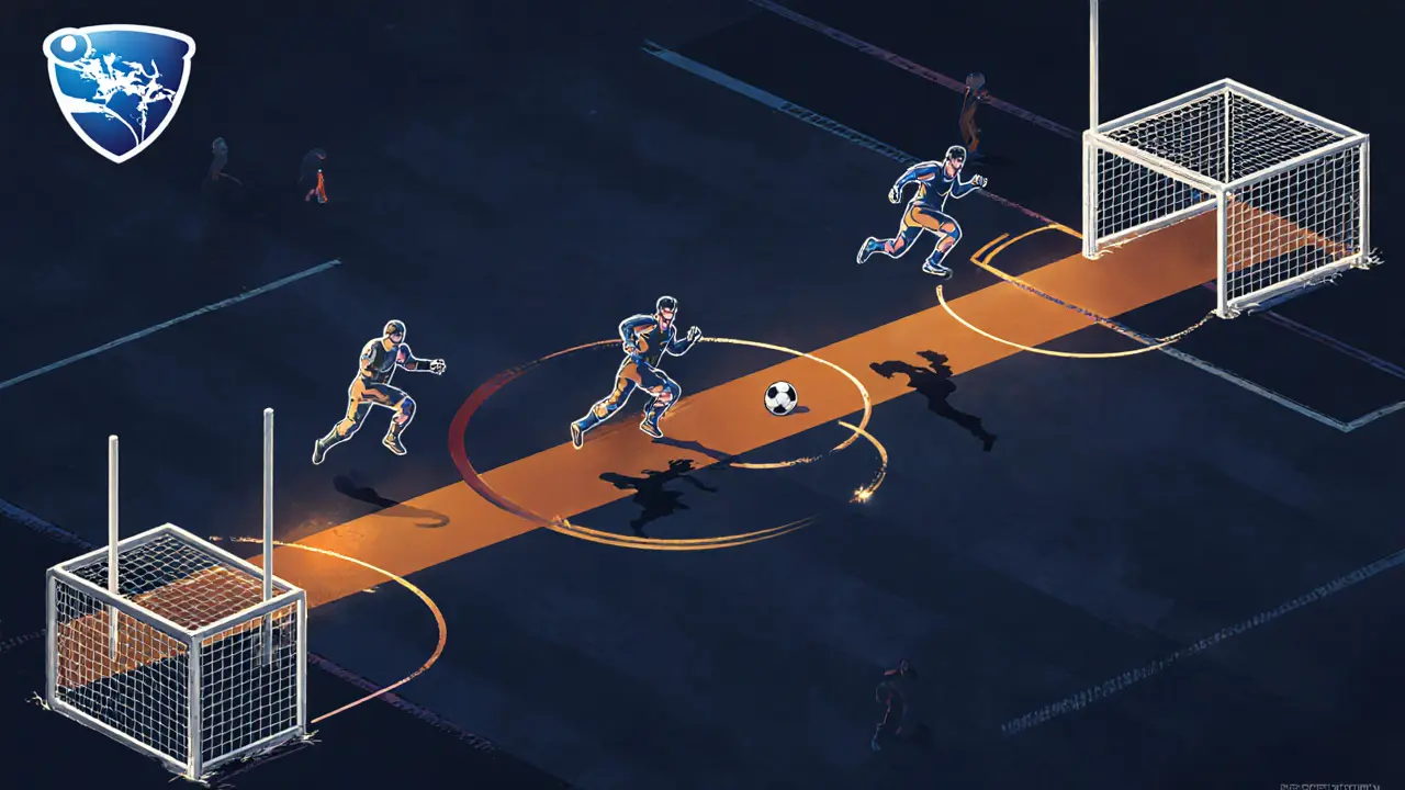 Три игрока в правильной ротации: один атакует, второй поддерживает, третий защищает ворота, линии движения показывают тактику.