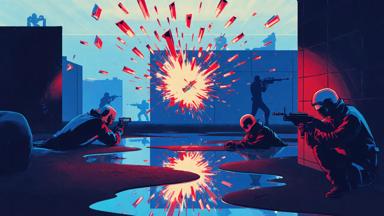 Граната с тысячами частиц дыма и игроки на Overpass с отражениями в лужах.