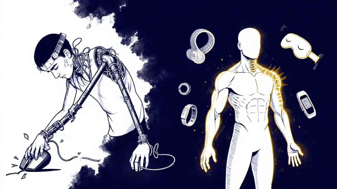 Разрушенное тело киберспортсмена рядом со здоровым — с инструментами восстановления: ЭЭГ, трекер, растяжка.