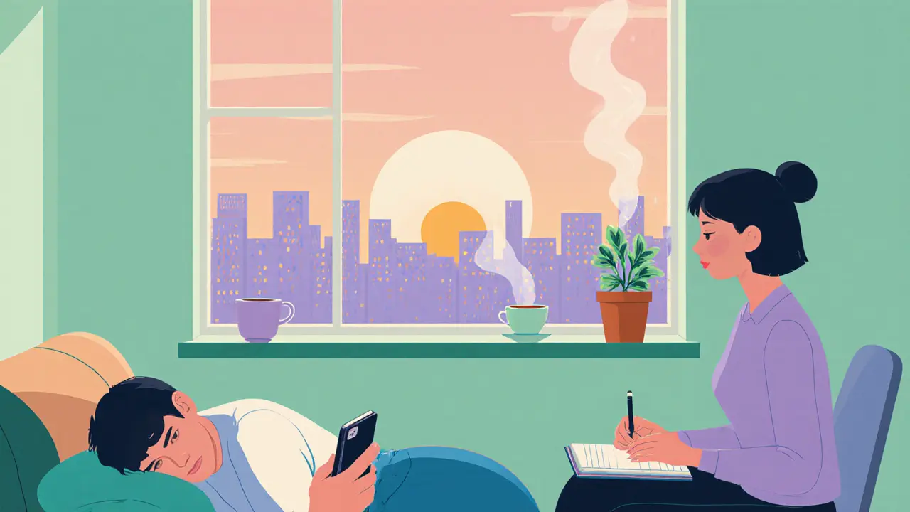 Спортсмен спит, рядом психолог — тихий момент восстановления при рассвете.