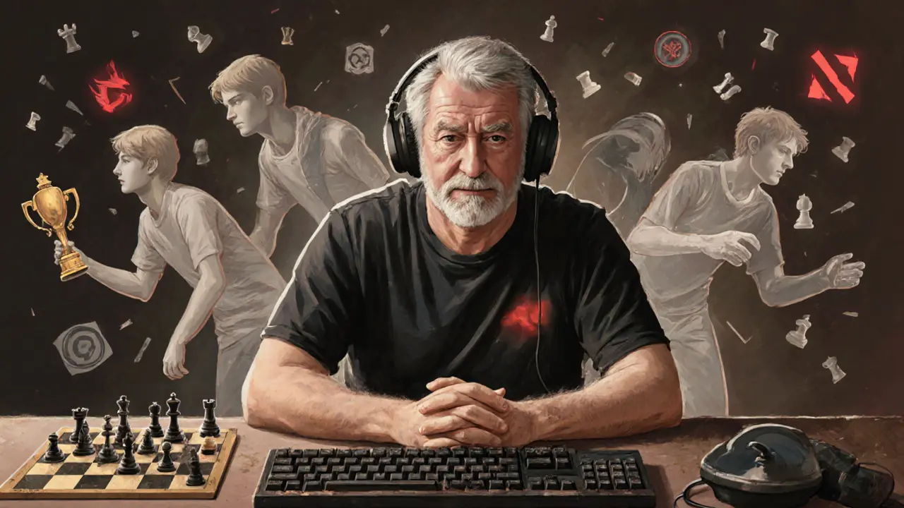 Бывший профессионал с призраками своих молодых версий, рядом — шахматы и символы стратегий.