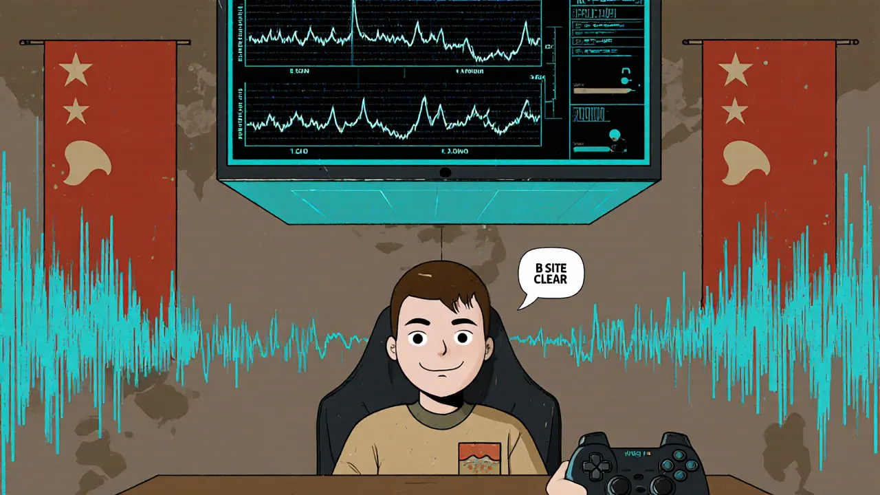 ИИ анализирует голос игрока, который тихо говорит &#039;B site clear&#039;, вокруг — волны звука в стиле советского плаката.