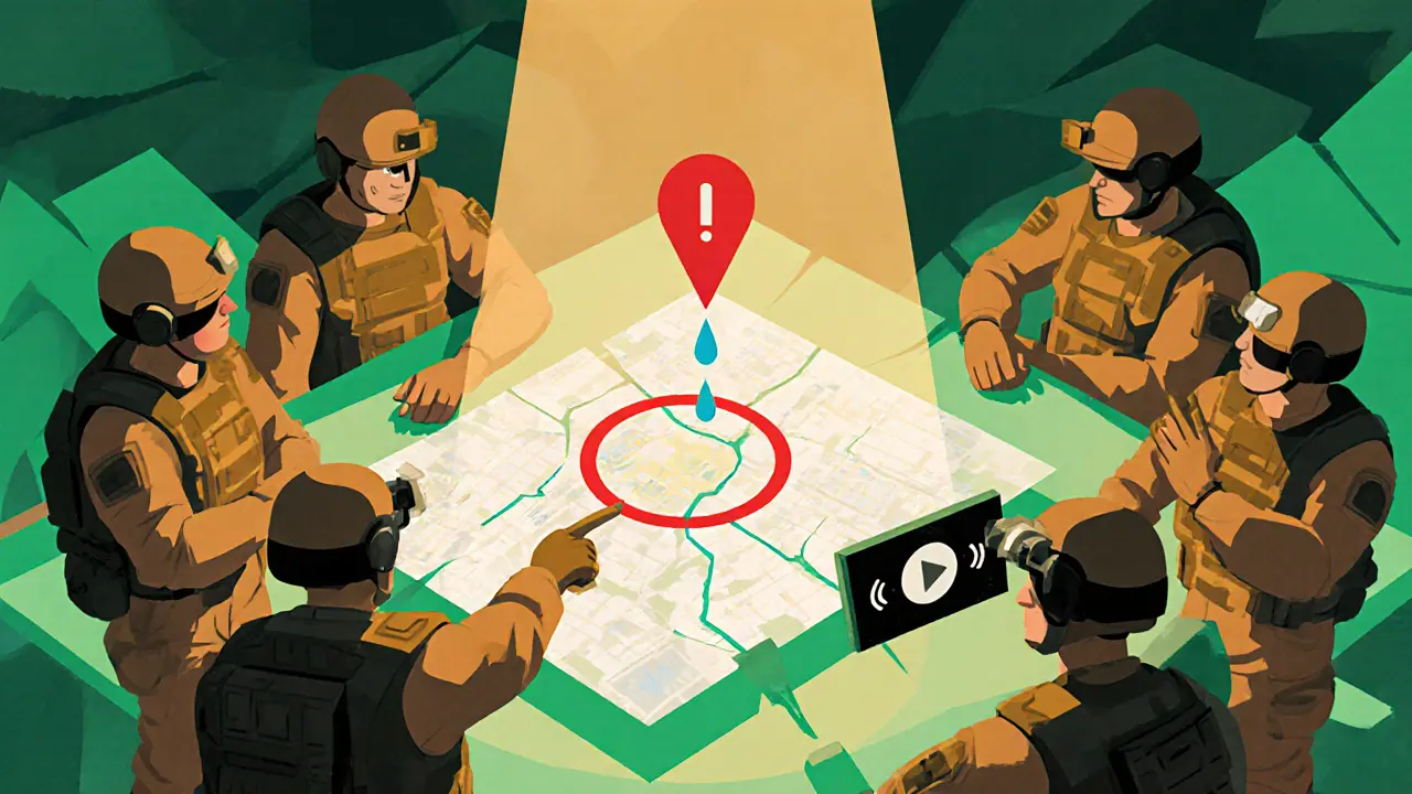 Команда анализирует матч на голографической карте, один игрок указывает на ошибку, другие внимательно смотрят.