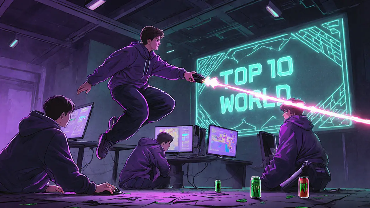 Подростки в киберспорте, сцена в темном зале, светящиеся пальцы, экран с топ-10 мира.