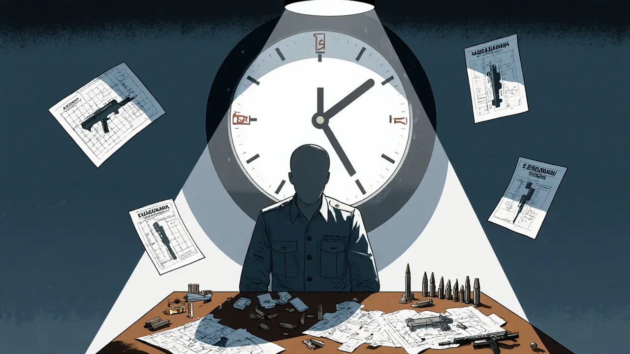 Рекрут учится тактике в Arena Academy: вокруг него — карты, патроны и схемы оружия под холодным светом лампы.