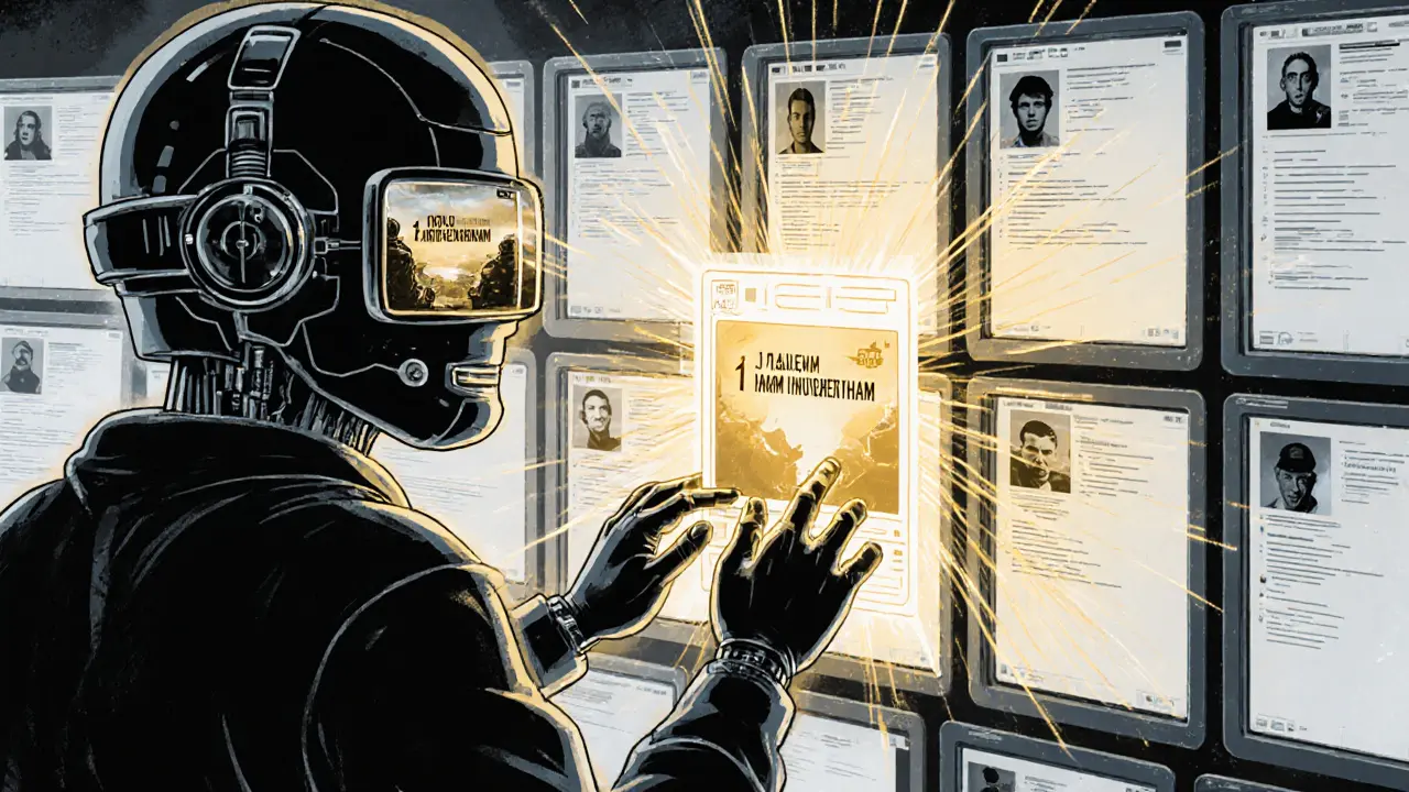 Скаут-гибрид человек-машина выбирает талантливого игрока из сотен, его профиль светится, остальные — в сером.