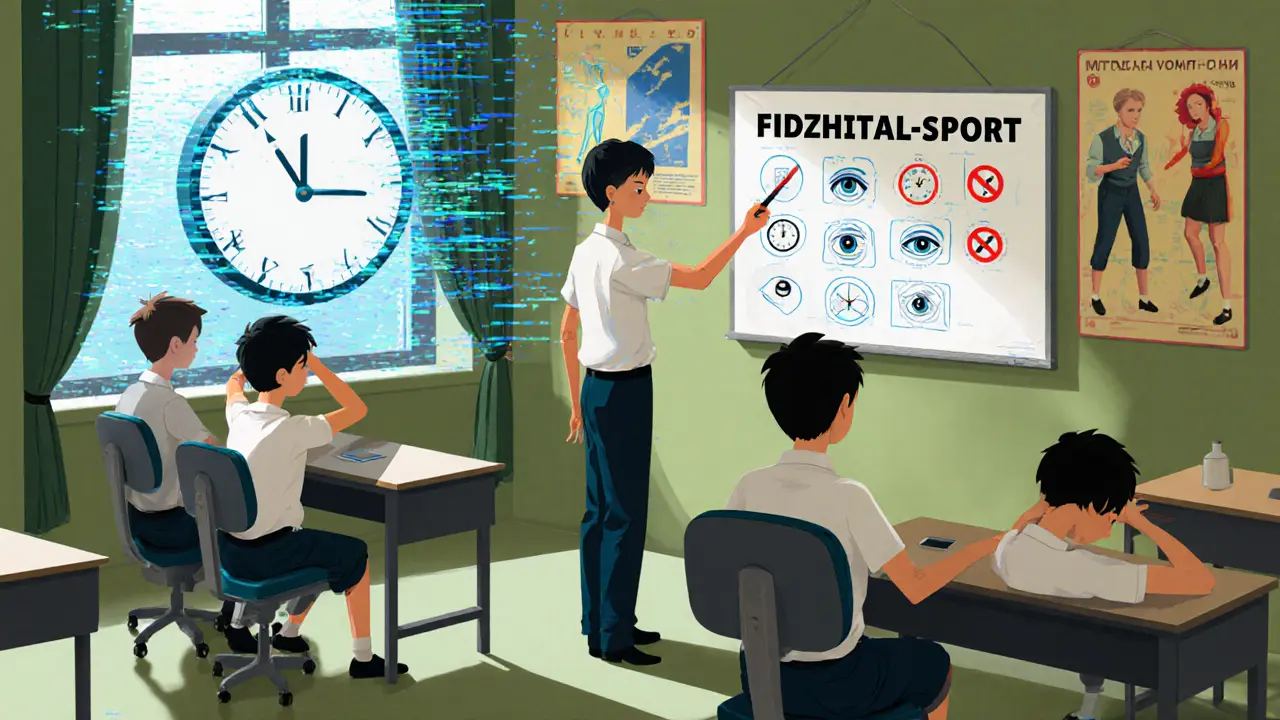 Школьники на уроке «Фиджитал-спорт»: один растягивается, другой рисует стратегию, за окном — часы, показывающие 22:00 с запретом.