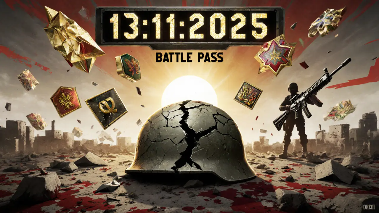 Сломанный шлем на поле боя surrounded by косметические награды, символизируя мастерство, а не платный успех.