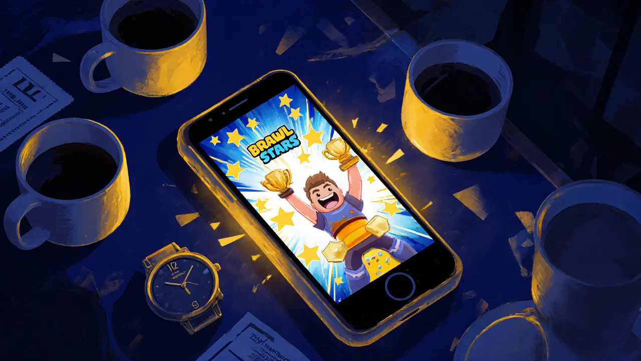 Смартфон на столе в кафе, на экране — победа в Brawl Stars, вокруг — кофейная чашка и билет на автобус.