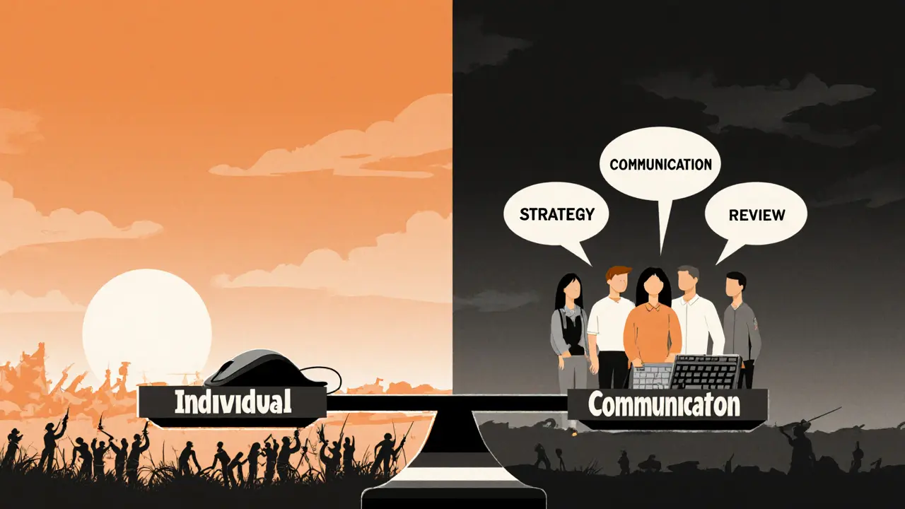 Весы балансируют индивидуальную тренировку и командную стратегию, на фоне — хаос и утренний свет.