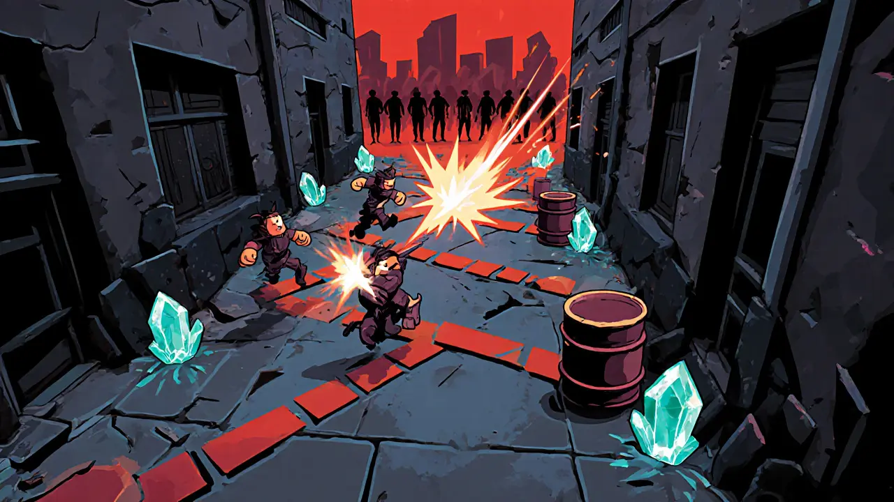 Вид сверху на битву 3 на 3 среди разрушенных улиц, с взрывами и движущимися персонажами вокруг светящихся кристаллов.