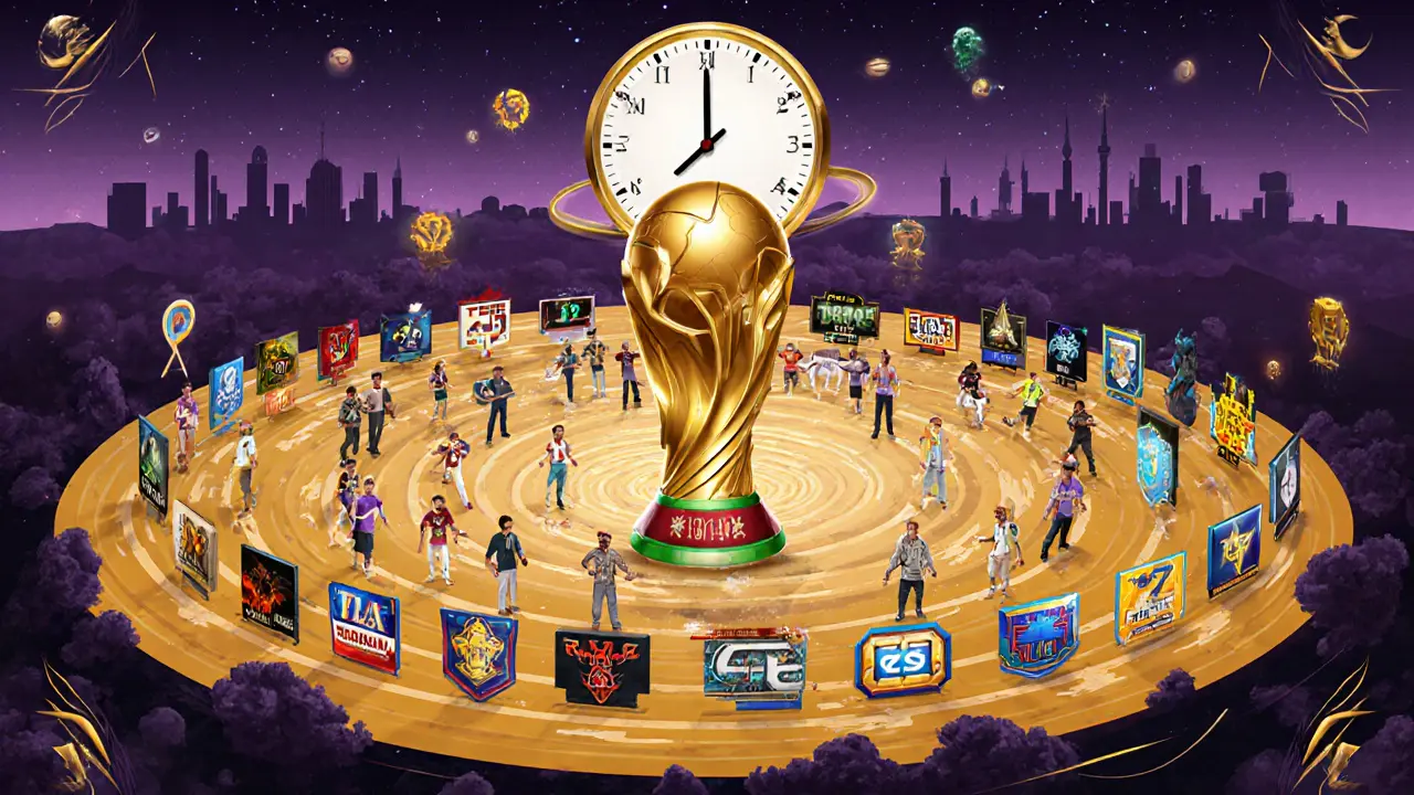 Esports World Cup 2025: 25 игр сходятся к золотому трофею в Эр-Рияде, польский плакатный стиль.