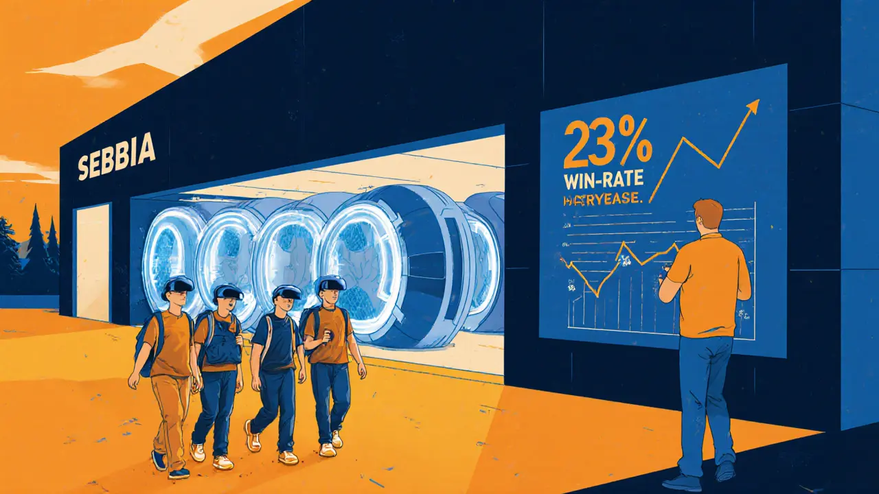 Футуристический киберспорт-комплекс в Сербии с VR-камерами и игроками, уходящими после тренировки.