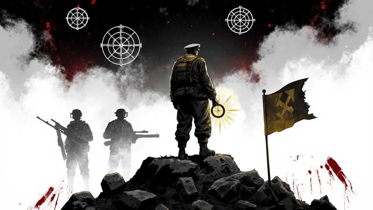 Командир лёгкого танка стоит на руинах, держа компас, за ним — призрачные силуэты команды.