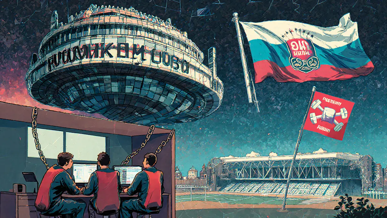 Маленькая команда смотрит на огромный спортивный центр, в то время как крупный клуб празднует в роскошном зале.