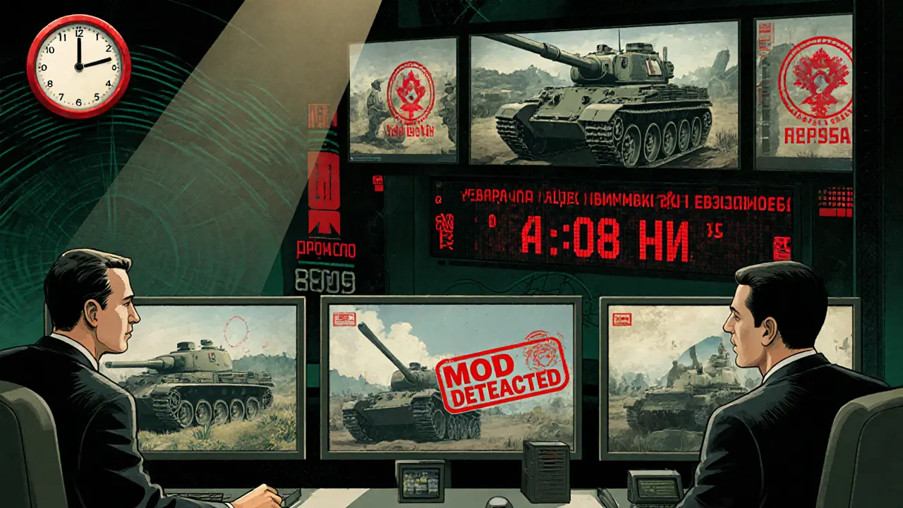 Судьи наблюдают за турнирными боями на мониторах, один из них показывает запрещённый мод.