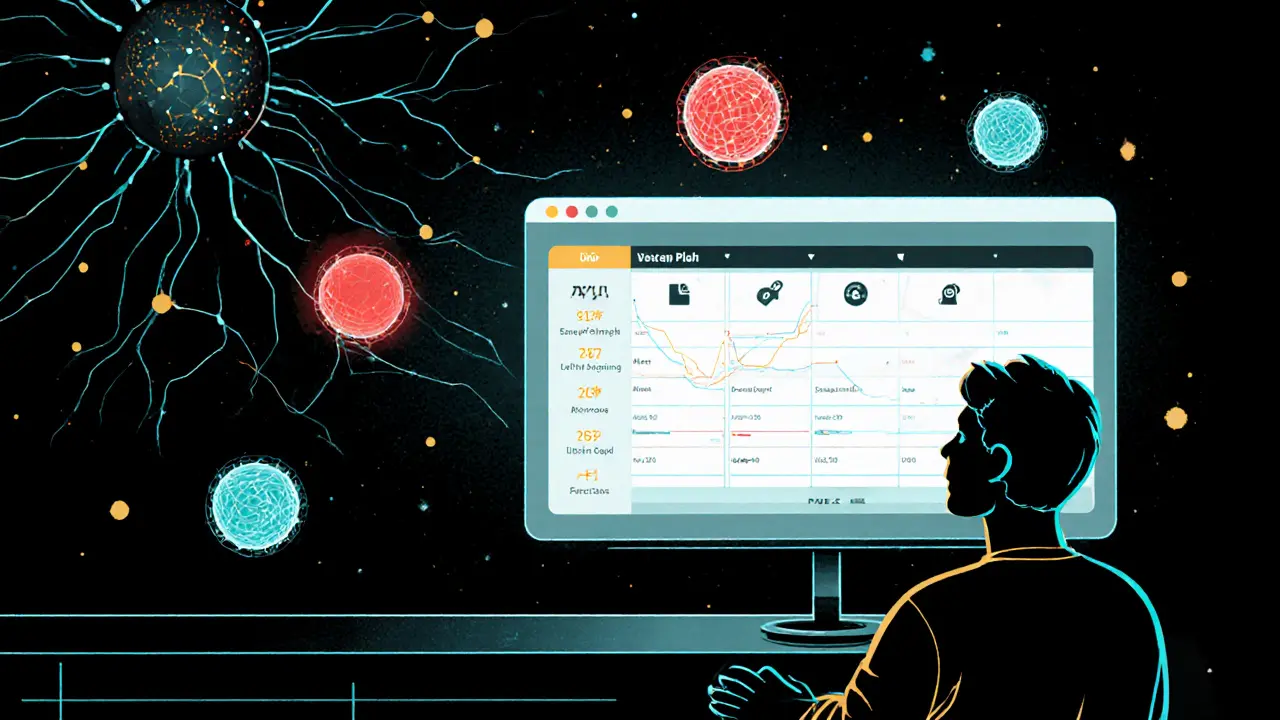 AI neural network analyzing a match, one red orb detects focus lapse, coach watches calmly beside a 7-day plan.