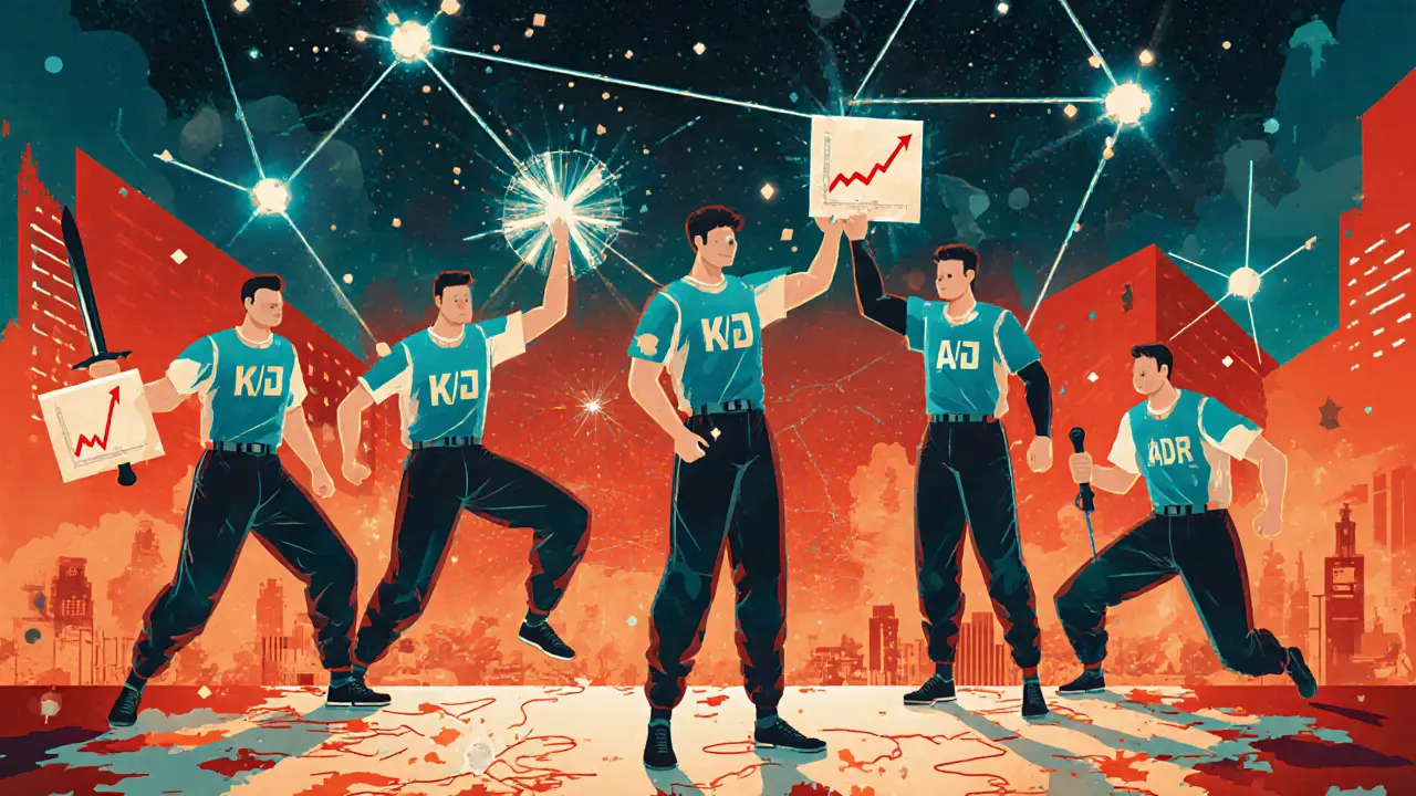 Esports team connected by data streams representing team metrics, one holding a broken K/D, another a rising ADR graph.