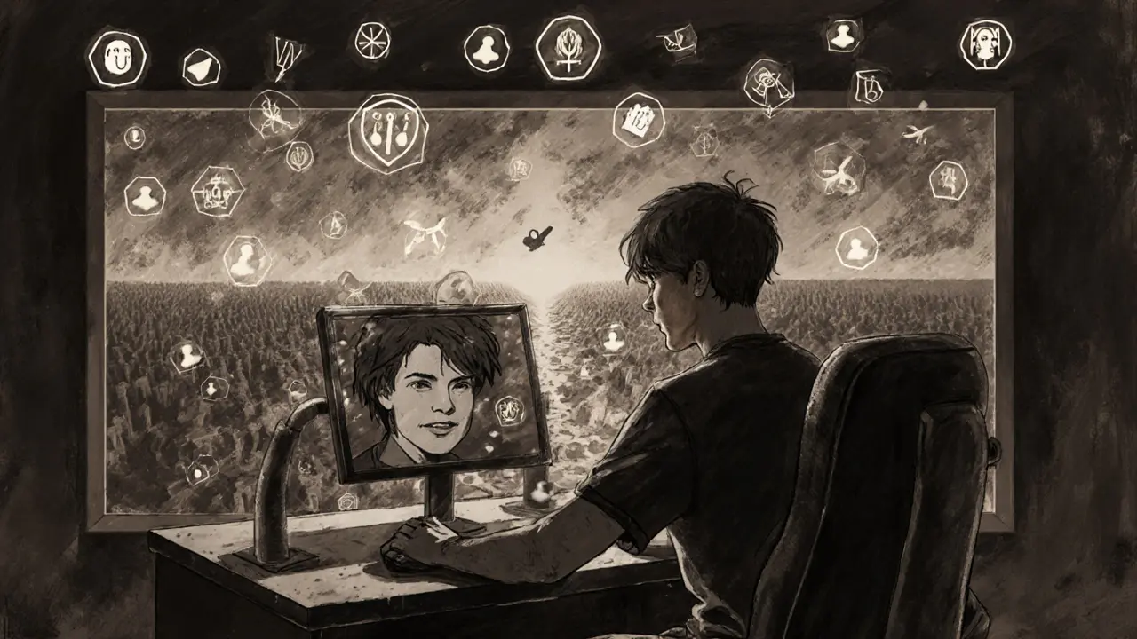 Халзерк сидит перед монитором, где 136 победных иконок парят вокруг него в бесконечной карте Inferno.