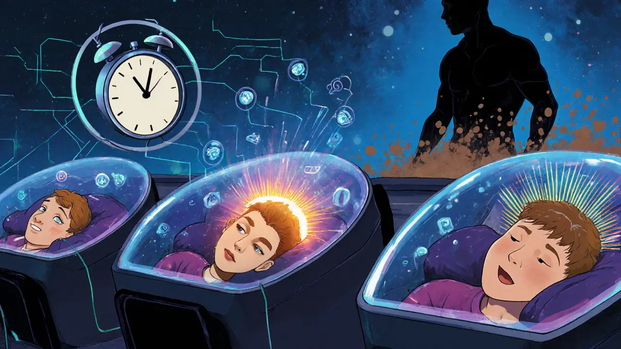 Команда киберспортсменов спит в модных капсулах, над ними — данные о сне и энергия восстановления.