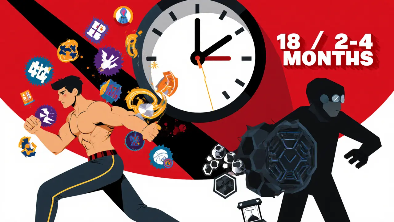 Молодой игрок тренируется: слева — быстрые комбо LoL, справа — тяжелая стратегия Dota 2 с часами.