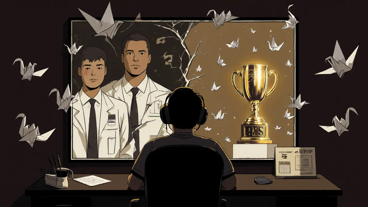 Профессионал смотрит в зеркало, где отражаются две версии его карьеры: команда и одинокий трофей.