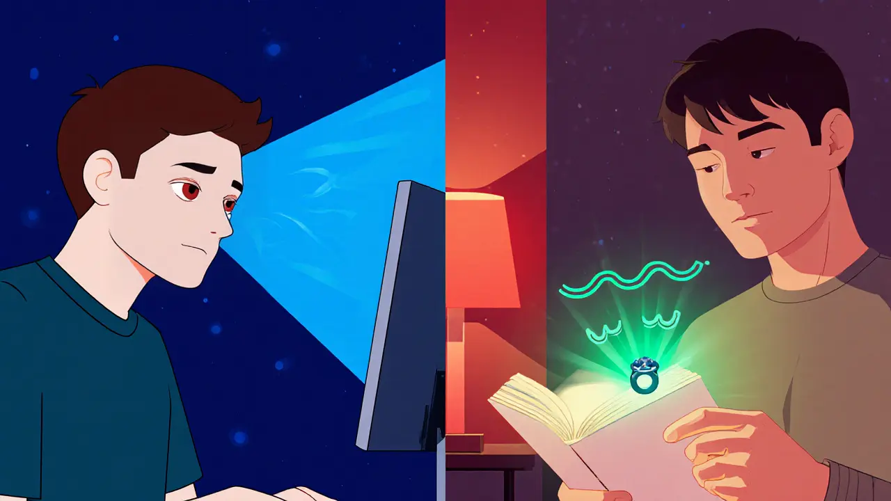 Разделенная сцена: игрок перед синим экраном и тот же игрок в спокойной обстановке с теплым светом.