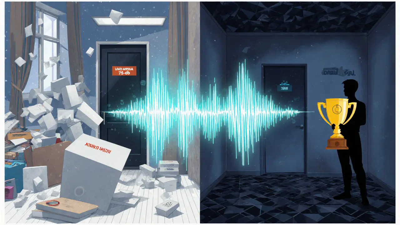 Сравнение дешёвого и профессионального звукоизолирующего решения: хаос против идеальной акустической среды.