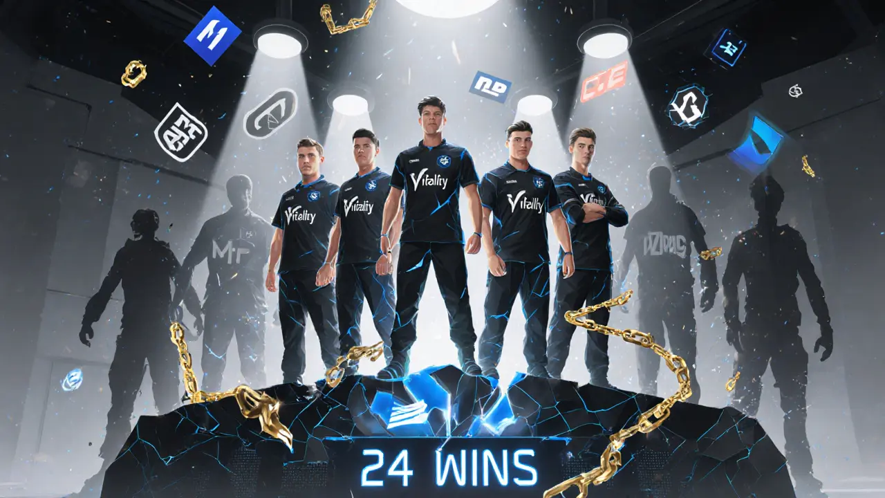 Team Vitality стоит на табло с 24 победами, окруженная цифровыми потоками и логотипами спонсоров.