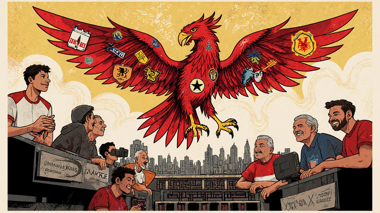 Феникс, сделанный из логотипов команд и тактических схем, взлетает над городом киберспортивных арен.