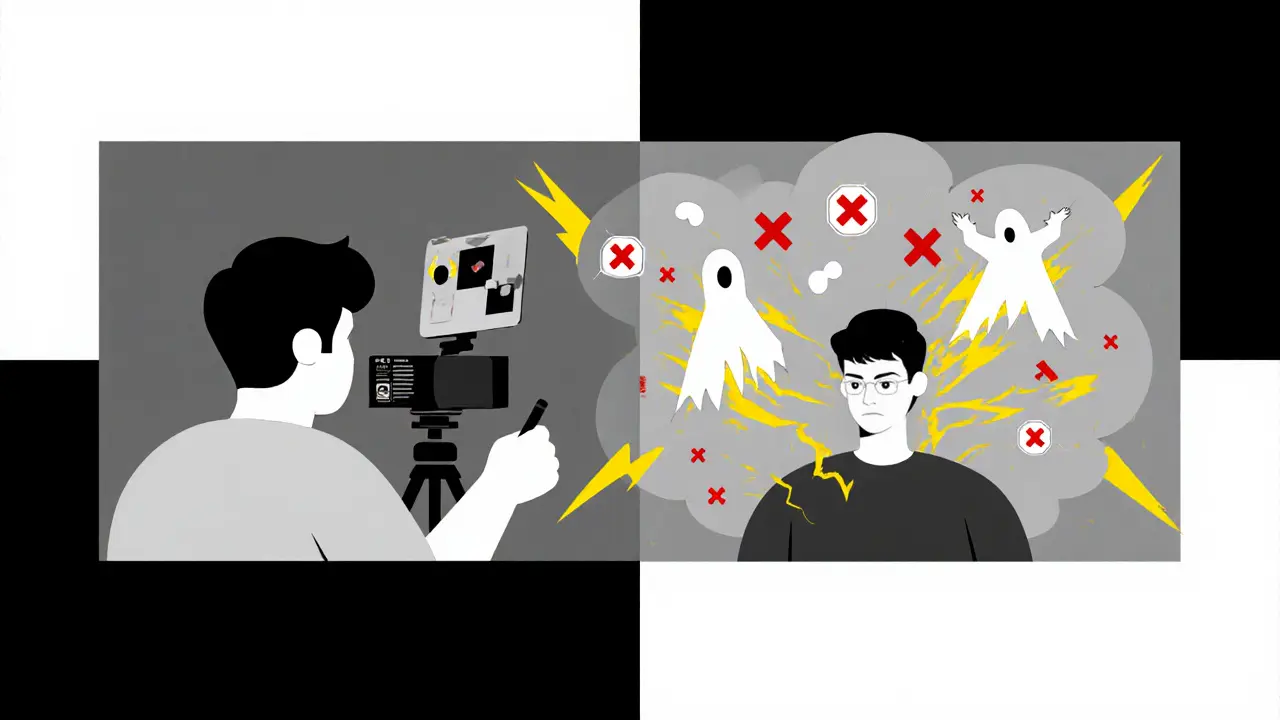 Игрок записывает матч и одновременно разбирает ошибки в зеркальном отражении, вокруг — символы промахов.