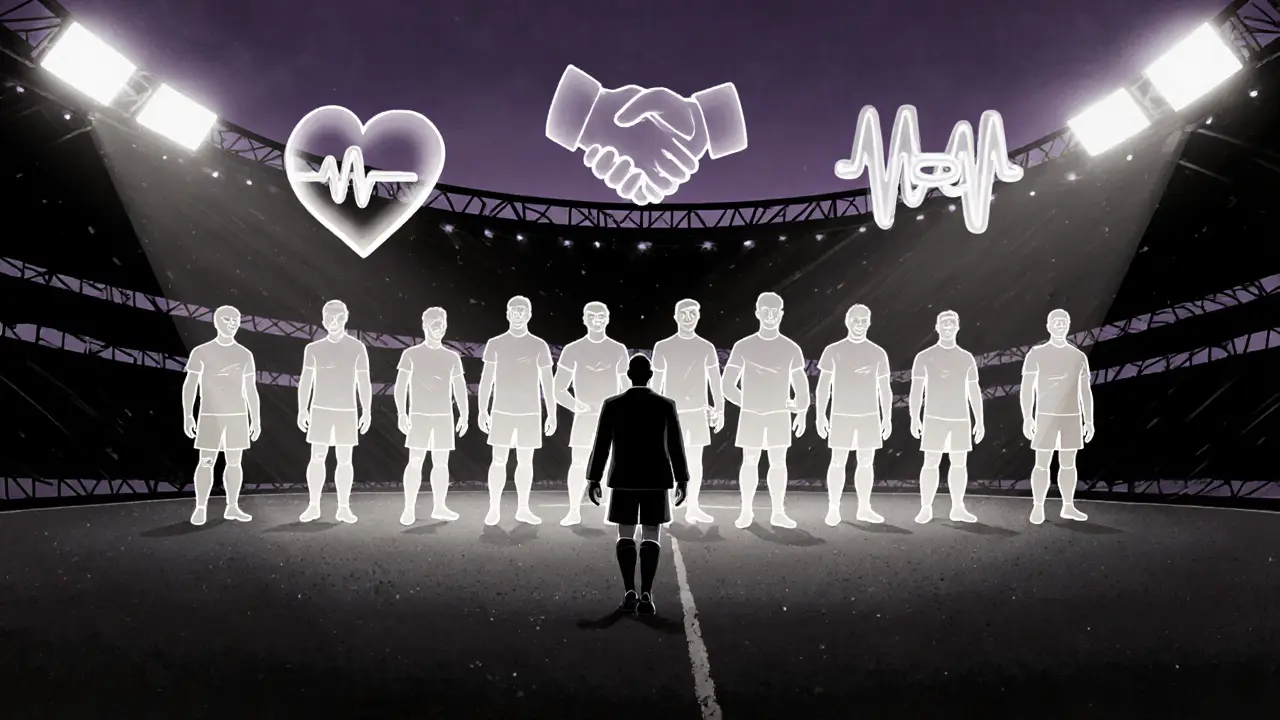 Капитан идёт по пустому стадиону после матча, вокруг него — полупрозрачные силуэты благодарных товарищей.