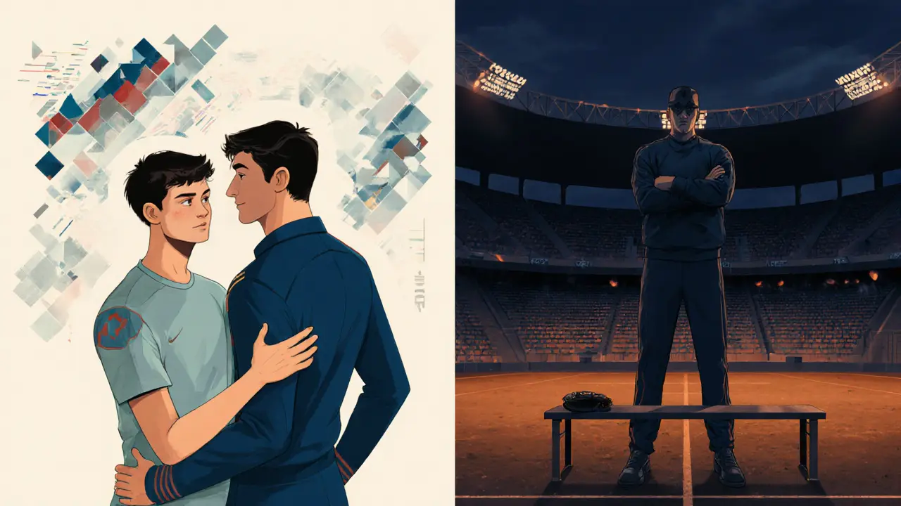 Капитан разговаривает с игроком, а вокруг него растворяются графики и данные, стадион пустеет за ним.