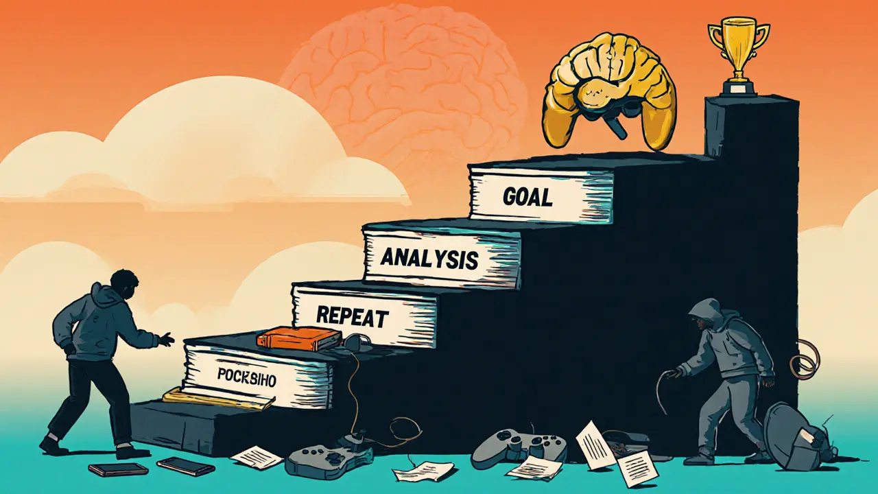 Лестница из геймпадов и блокнотов ведет к мозгу-трофею, внизу — игроки, застрявшие в бесполезных привычках.