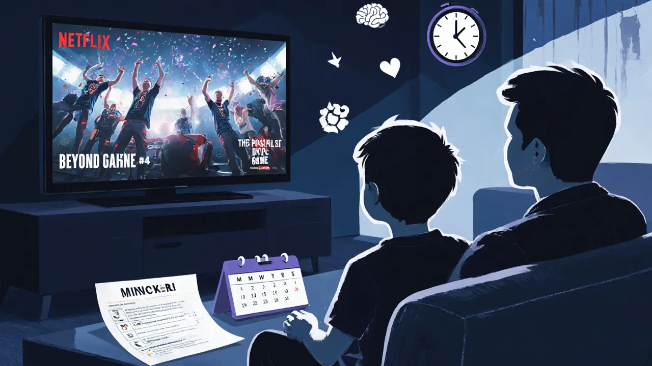 Отец и сын смотрят документальный фильм о киберспорте, на столе — документы и календарь.