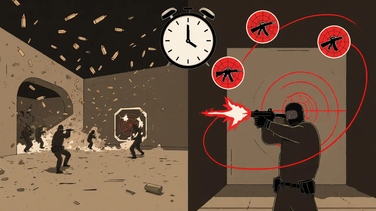 Разделённая сцена: хаотичный матч слева, точная тренировка справа с плавающими упражнениями.