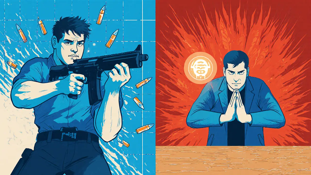 Разделенная сцена: игрок в ярости слева и тот же игрок в спокойствии с тремя ударами по столу справа.