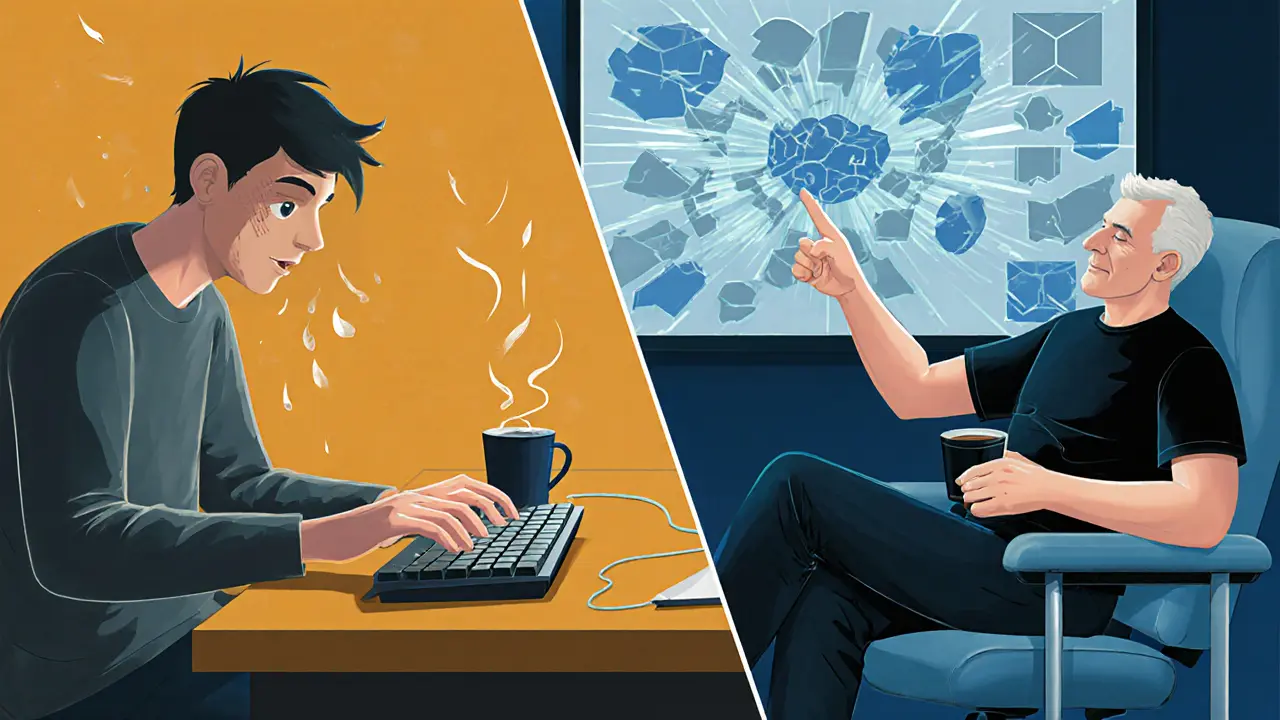 Разделённая сцена: молодой игрок в панике и опытный капитан спокойно анализирует стратегию на голографической доске.