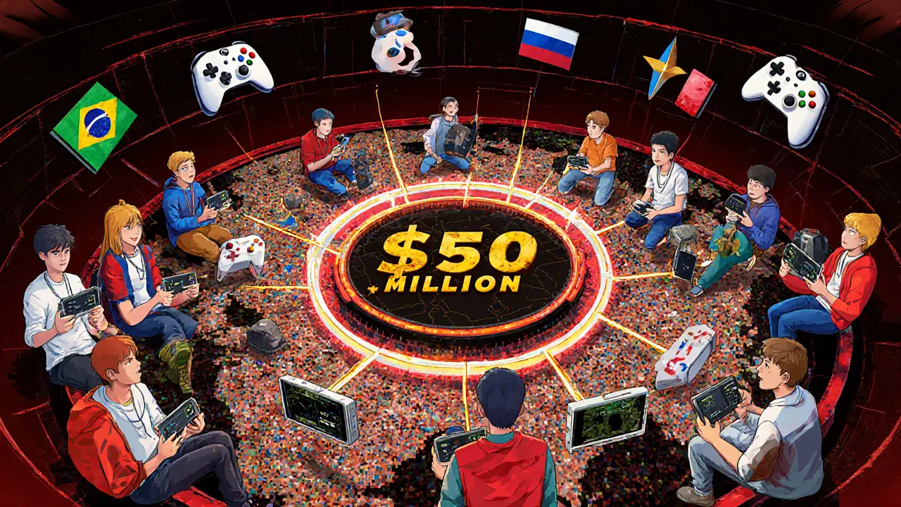 100 подростков со всего мира сидят в арене из контроллеров и пиксельных карт, соединённых лучами к центру призового фонда в 50 миллионов долларов.