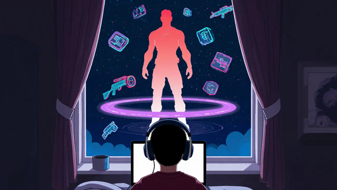 Подросток в комнате играет в Fortnite, а за окном в небе возникает гигантская тень будущего чемпиона, окружённая символами игры.