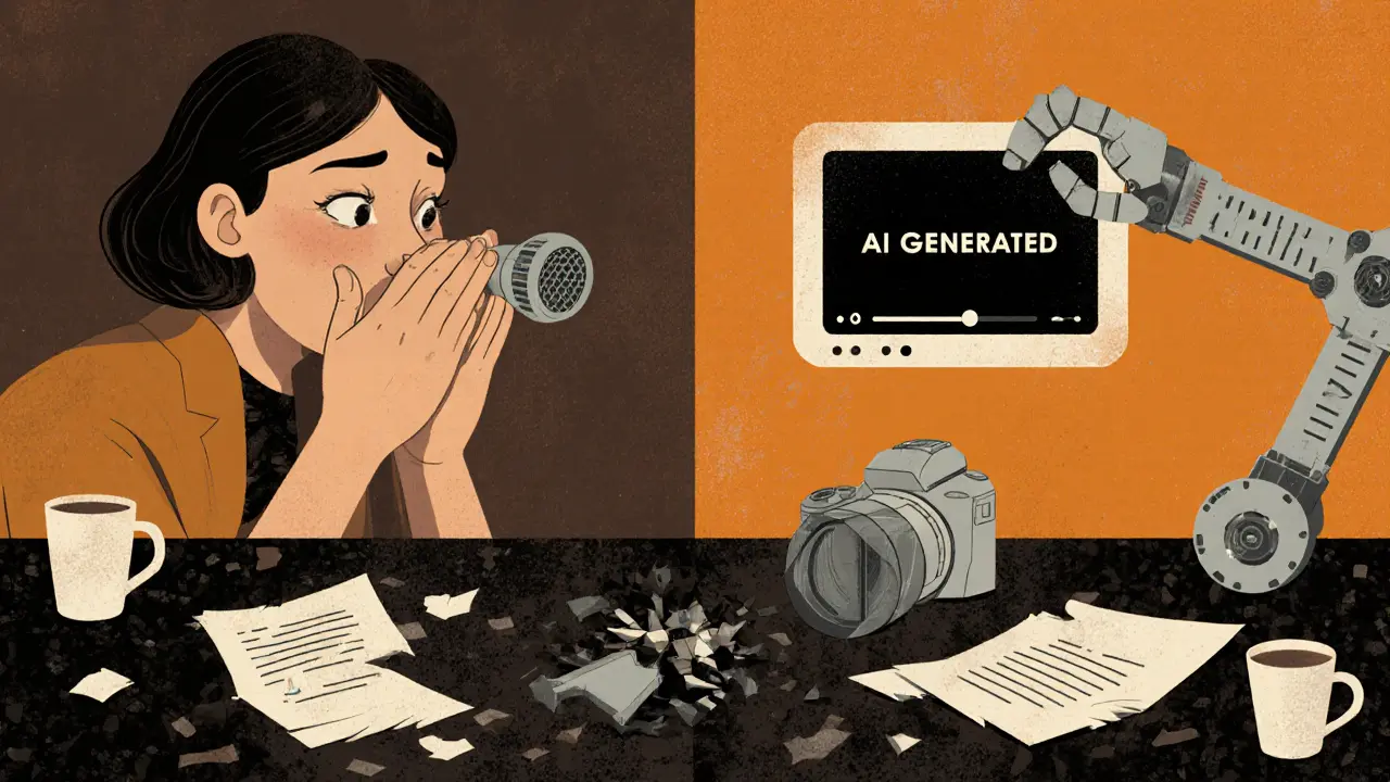 Реальный игрок с эмоциями против холодного ИИ-видео, сломанная камера на полу.