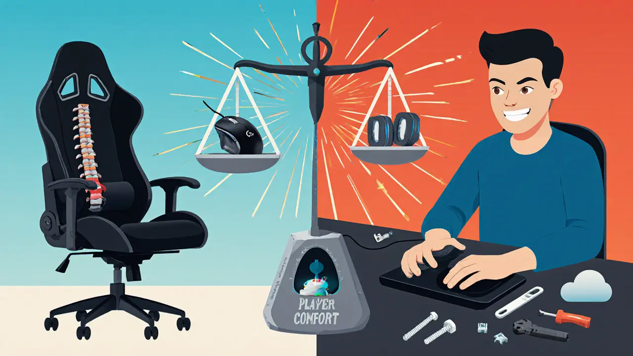 Сравнение неудобного и адаптированного игрового оборудования с акцентом на комфорт игрока и экологичность.