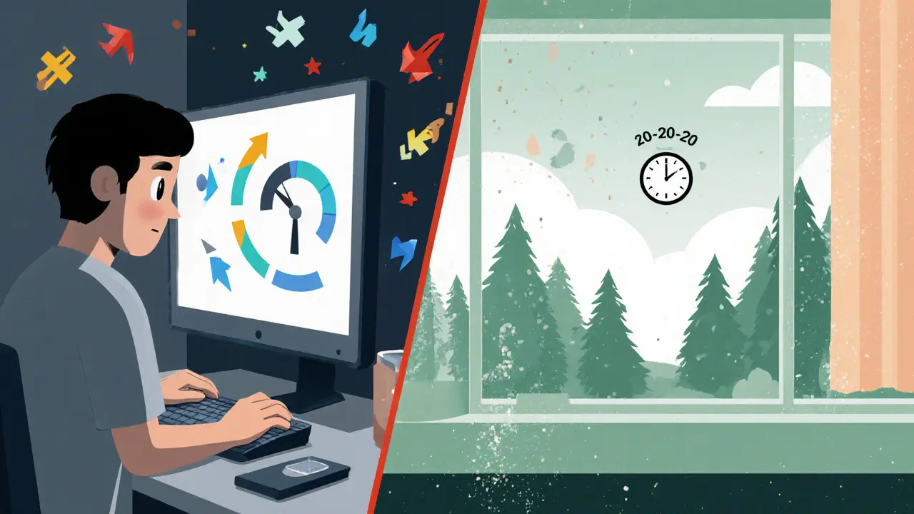 Сравнение усталого взгляда в монитор и отдыхающего взгляда в окно — техника 20-20-20 для глаз.