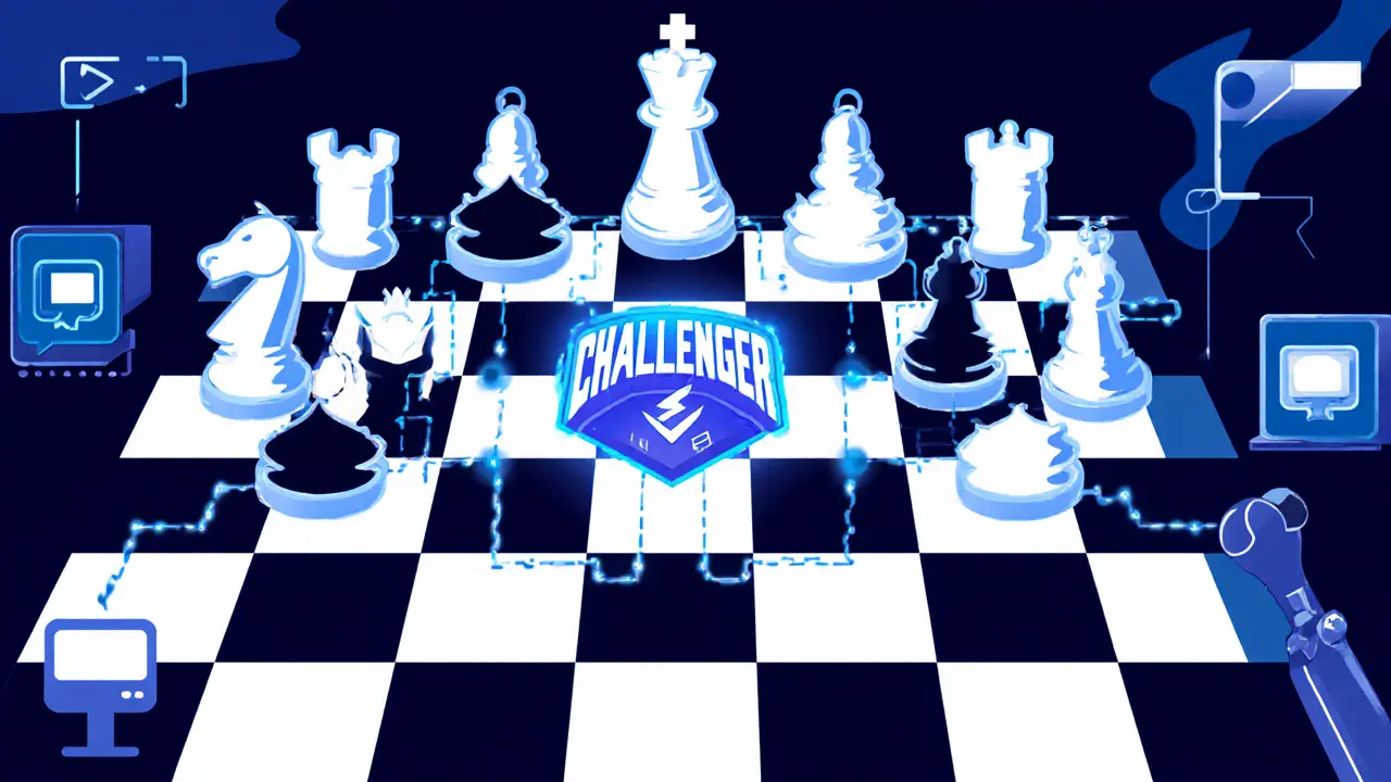 Чистая турнирная сетка в стиле шахматной доски с логотипом Challengermode и иконками Twitch.