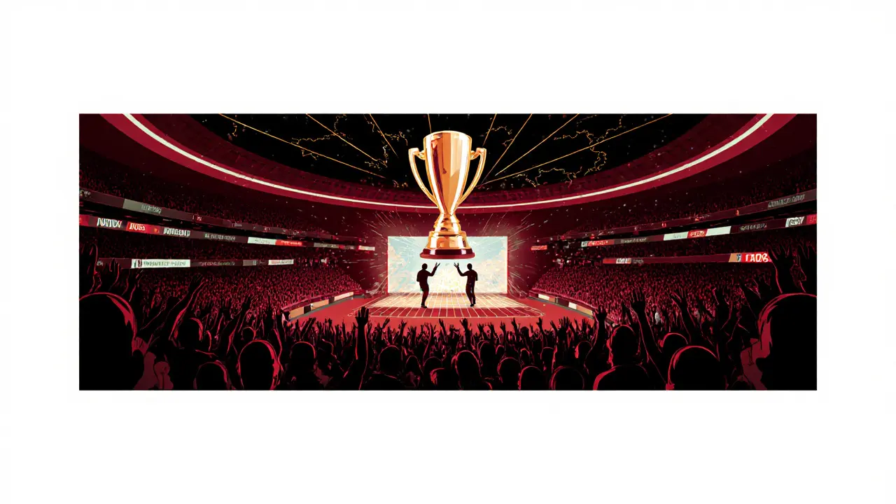 Финал Кубка России в Москве, арена заполнена зрителями, над сценой — голографический кубок.