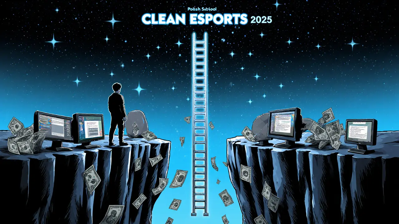 Игрок на краю пропасти из мониторов, над ним — цепь блокчейна, ведущая к свету &quot;Clean Esports 2025&quot;.
