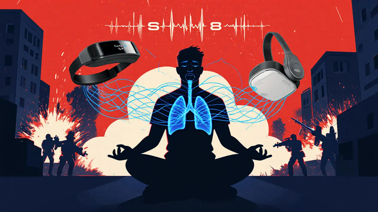 Игрок в медитации, дыхание визуализировано как синие волны, над головой — нейроинтерфейс с гладкой ЭЭГ-линией.