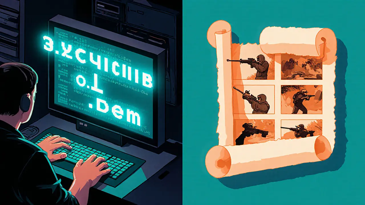 Игрок вводит команды в консоль, а демо-файл раскрывается как свиток с моментами игры.